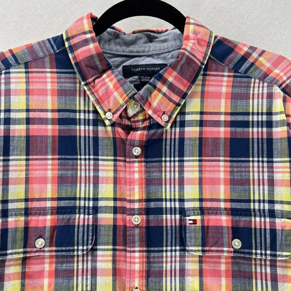Tommy Hilfiger Plaid Shirt Mens Size 2XL Slim Fit Short Sleeve Cotton Red Blue - Picture 3 of 12